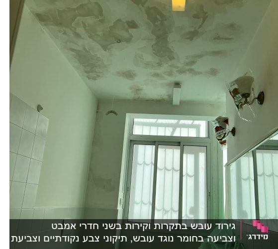 תקרה מתקלפת עם סימני רטיבות בחדר אמבטיה
